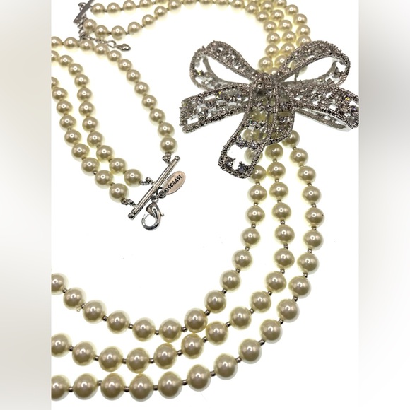 Vintage Signed Scaasi Pearl Necklace Crystal Bow Bold Statement Piece 80s 90s - Picture 7 of 10